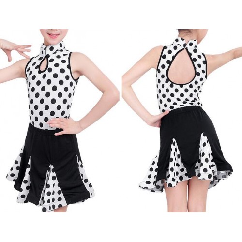 Girls competition latin dresses kids child white and black polka dot stage performance salsa rumba chacha dancing dresses